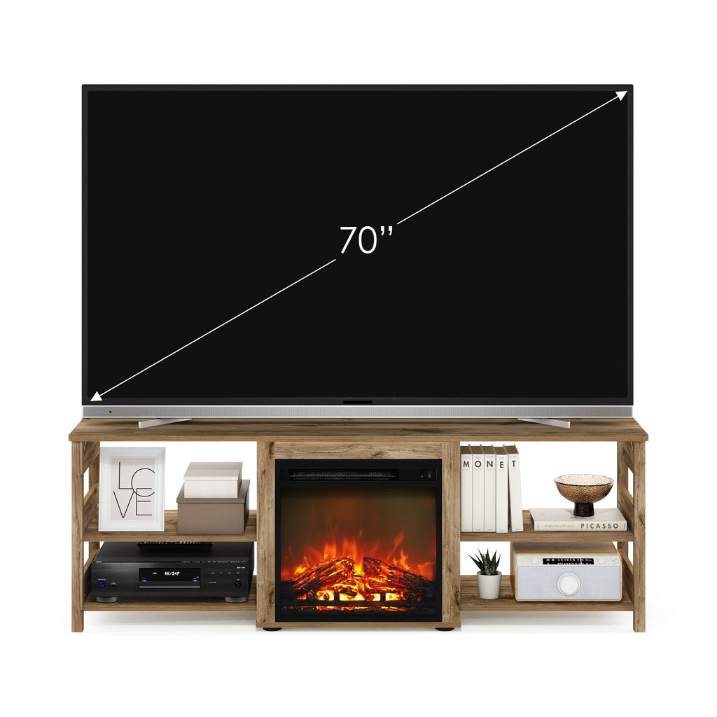 Classic TV Stand, Entertainment Center, TV Console for TV up to 70 Inch with Fireplace and Open Shelf, Brown Oak