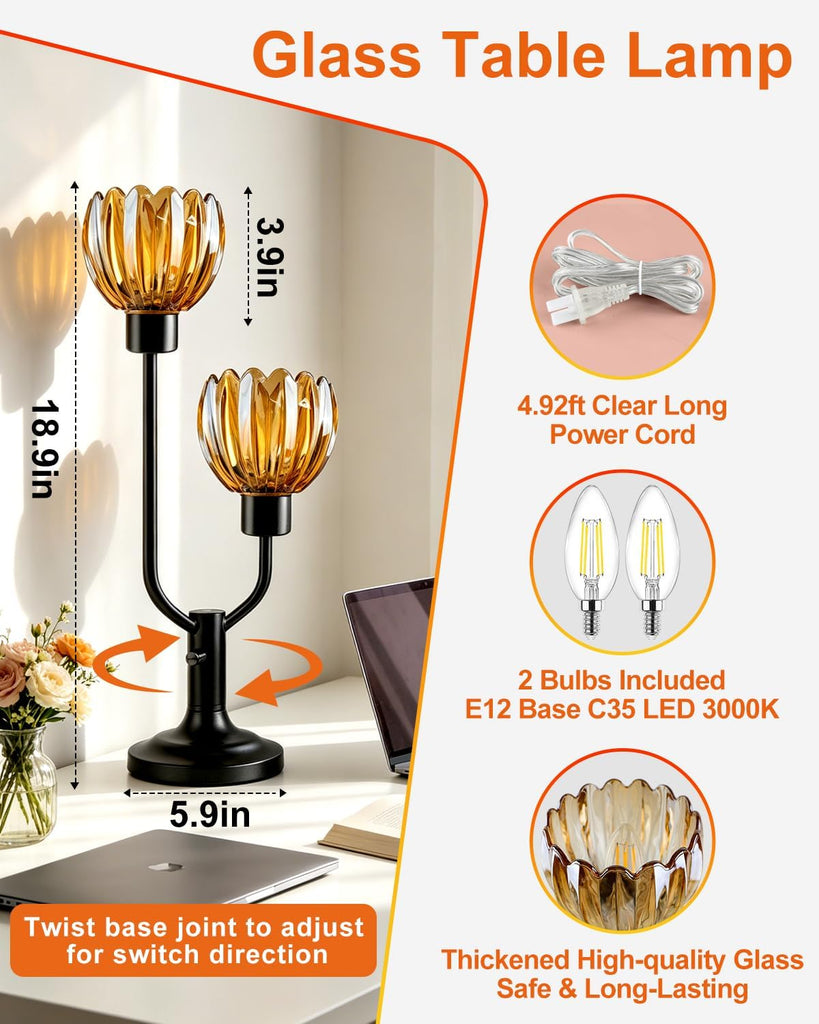 Mid Century Modern Glass Table Lamp Black Dimmable Desk Lamps with Brown Glass Shades 2 Bulbs Included 3000K Warmwhite