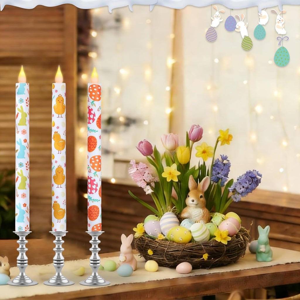 Easter Taper Candles - 10.6" Battery Operated Flameless LED Candles with Bunny, Chick & Egg Patterns, Flickering - Set of 6