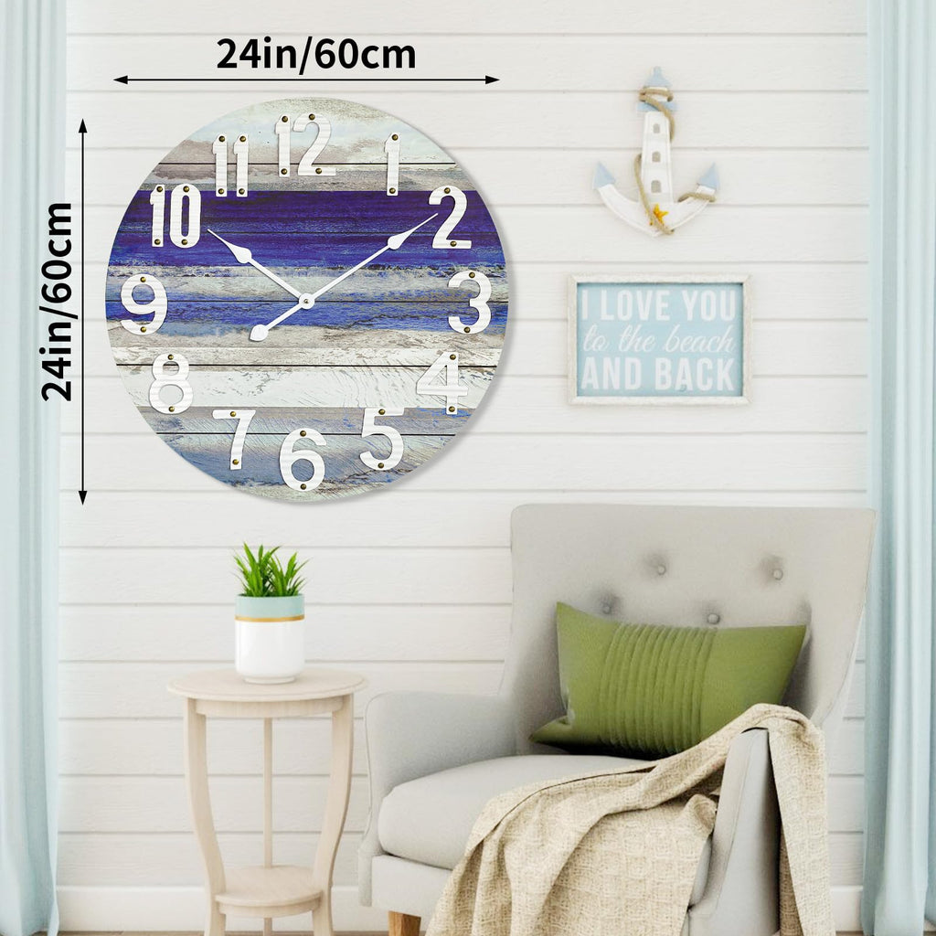 24 Inch Large Beach Blue Wall Clock, Silent Non-Ticking Battery Operated Wall Clock, Rustic Vintage Beach Coastal