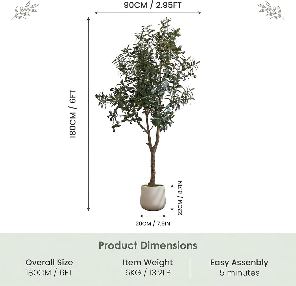 6ft Artificial Olive Tree Indoor with Modern Weighted Planter, Realistic Faux Olive Tree with Wood Trunks, Lifelike