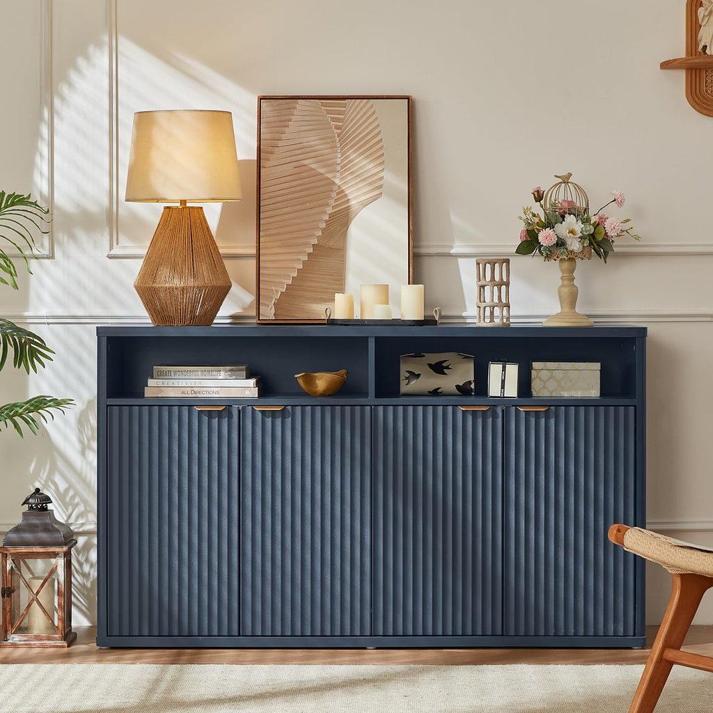 55-Inch Fluted Buffet Cabinet with 4 Doors, Dark Blue