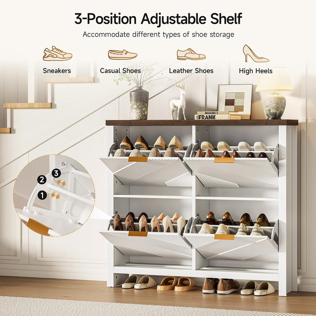 Shoe Cabinet with 4 Flip Drawers & Symmetric Groove Pattern | 44.5''W x 9.2''D x 39.4'' White Fit for 16-24 Pairs of