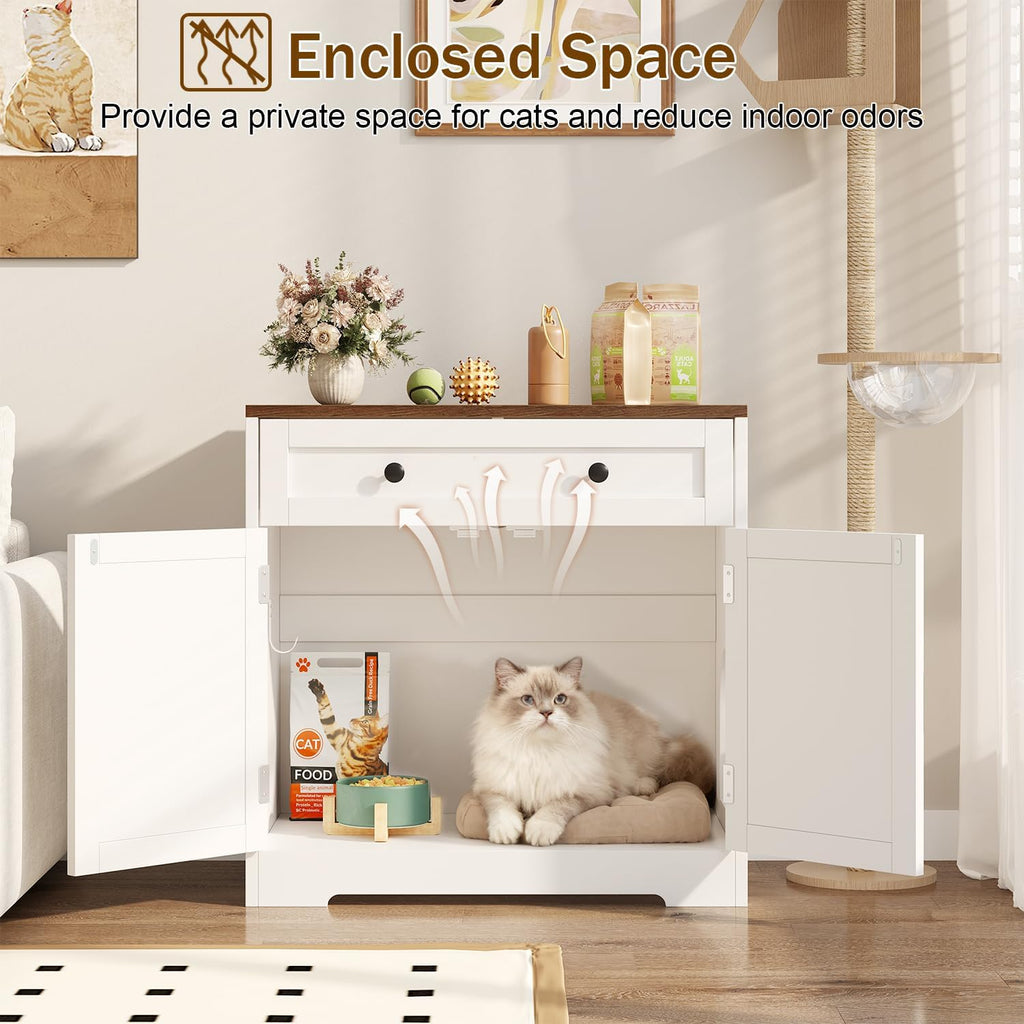 Cat Litter Box Enclosure with Storage Drawers, White