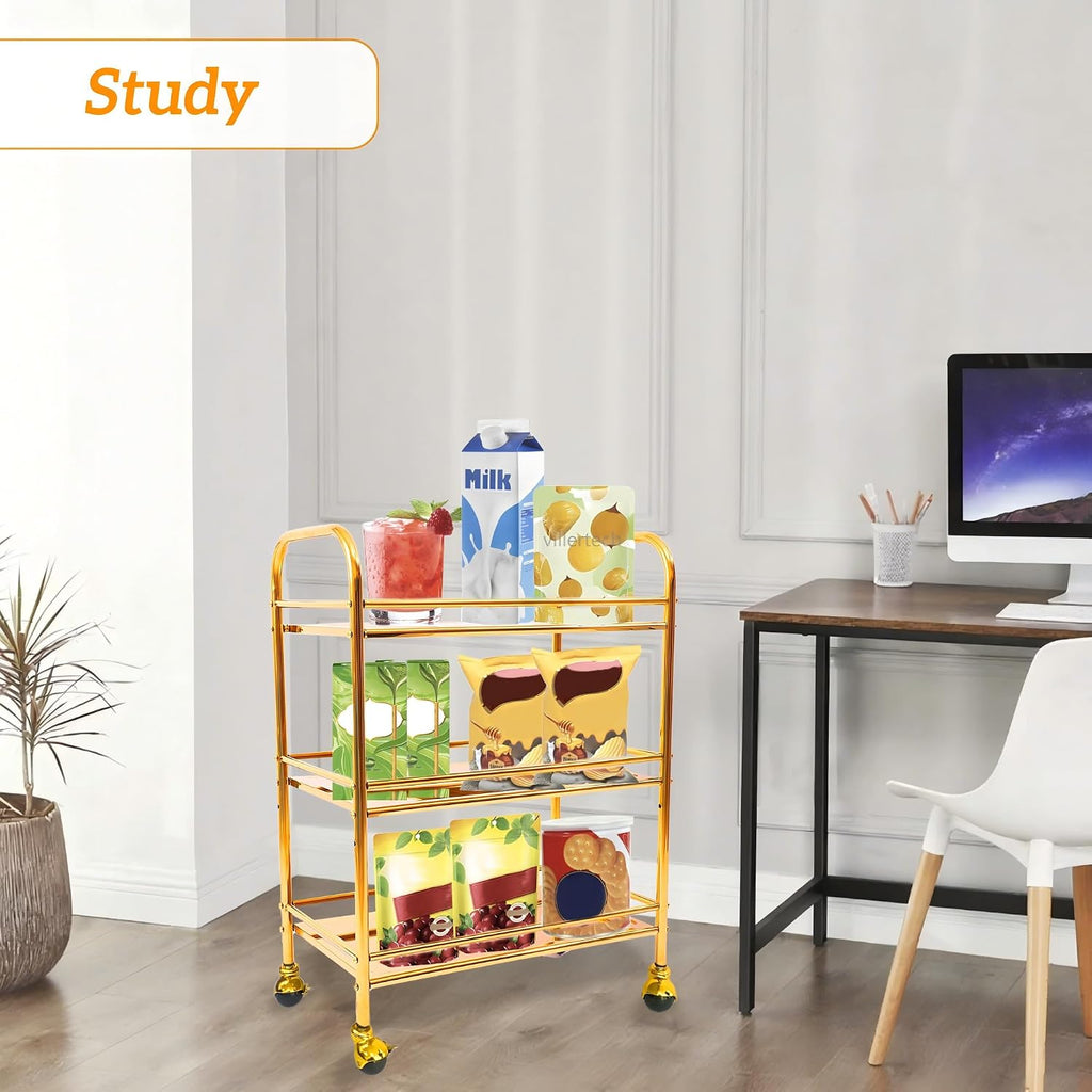 End Table,3-Tier Stainless Steel with Upgrade Wheels | Gold Rolling Cart Kitchen Snacks Coffee Side Table Bar Cart