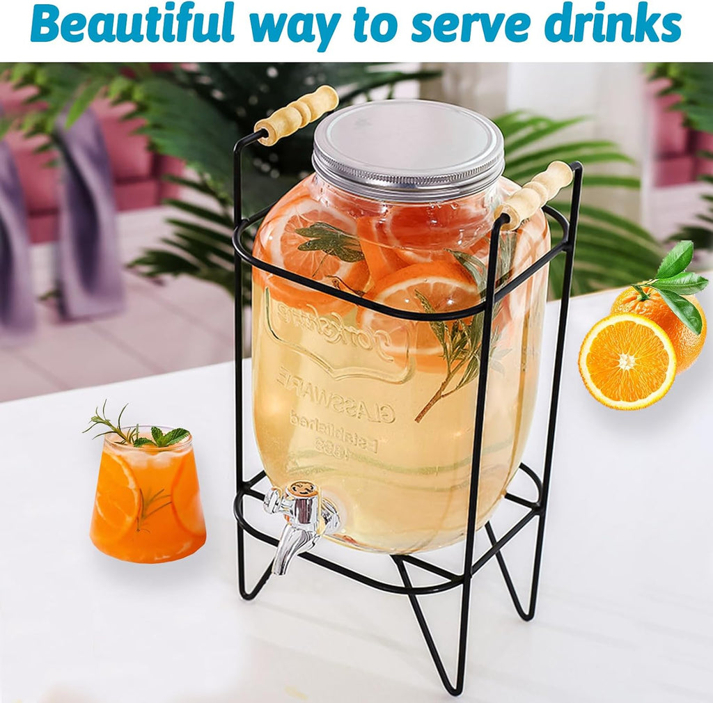 1 Gallon Drink Dispenser With Stand Leak Proof Stainless Steel Faucet Wide Mouth Mason Jar Style Glass Drink