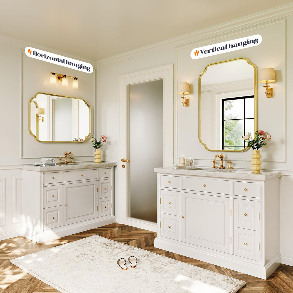 Black Scalloped Vanity Mirror, 24" x 36"Rounded Corner Rectangle Wall Mirrors with Metal Frame, Modern Vanity
