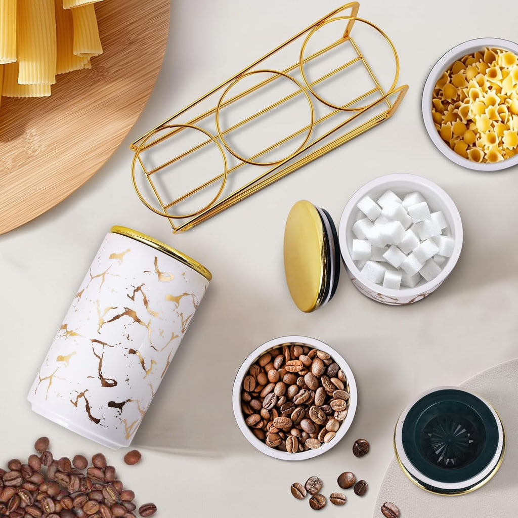 Ceramic Canister Set Countertop - A Kitchen Canisters with Tiered Shelf, Airtight Countertop Flour and Sugar - Set of 3