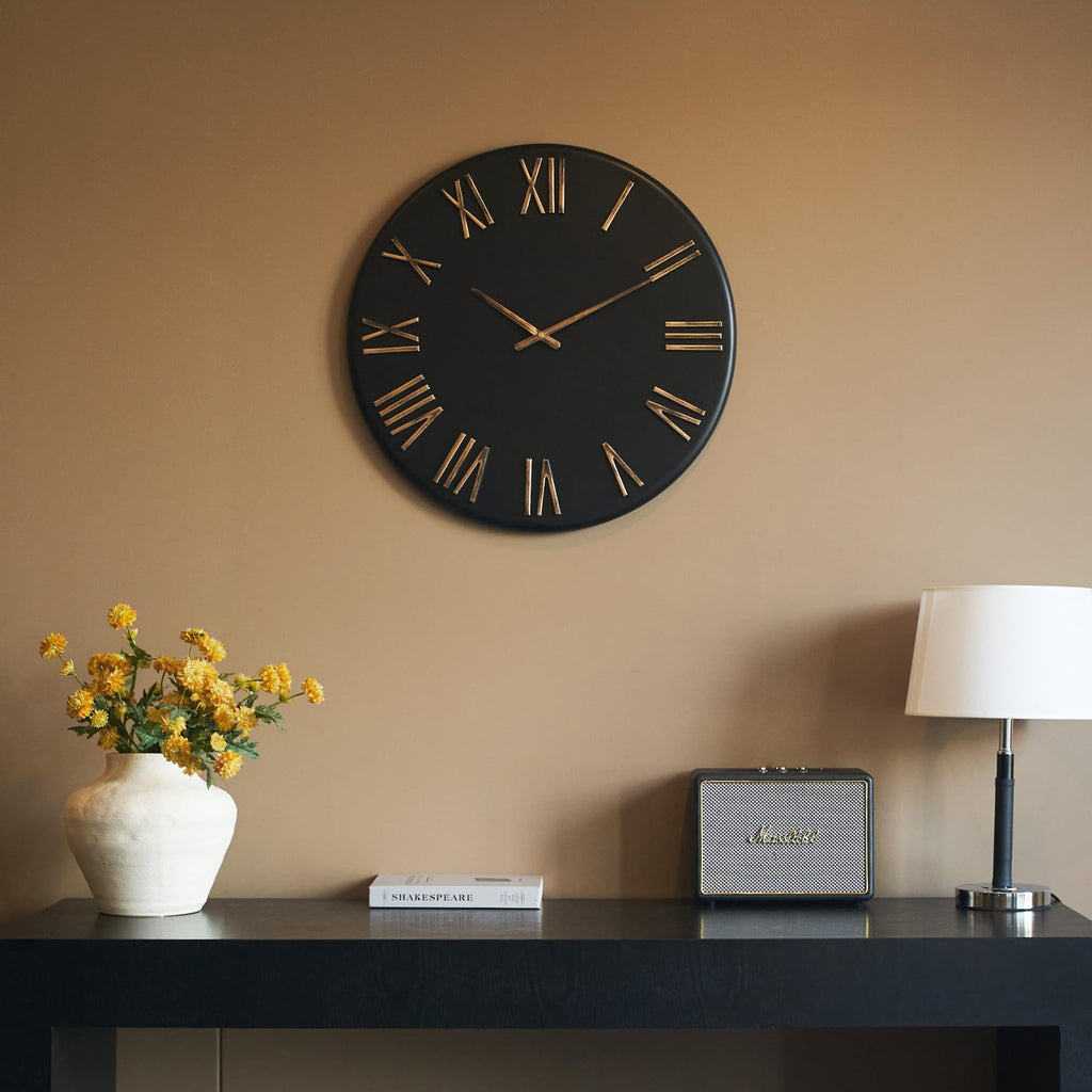 Large Modern Wall Clock, 24 inch, Matte Black, Metal Face, Quartz Movement
