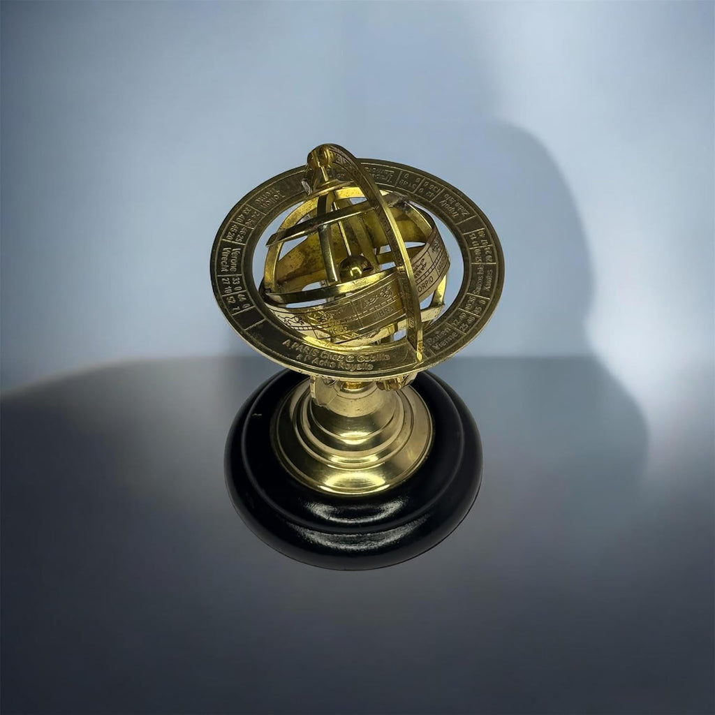 Vintage Brass Armillary Sphere Astrolabe 6 Inch - Antique Nautical Desk Decor, Astronomical Globe Model with Wooden
