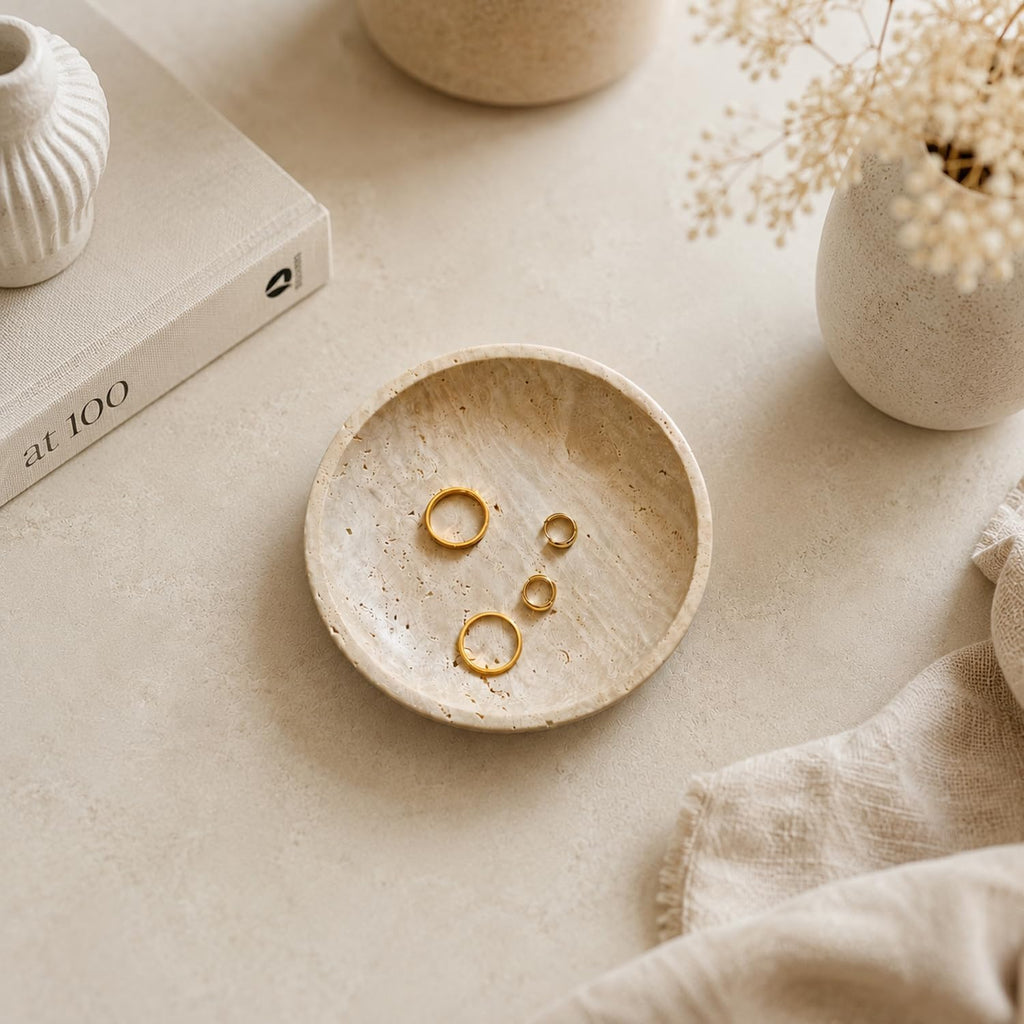 Natural Travertine Valet Tray - 5.5" Round Stone Jewelry Trinket Dish Catchall for Keys, Watches, Rings - Decorative