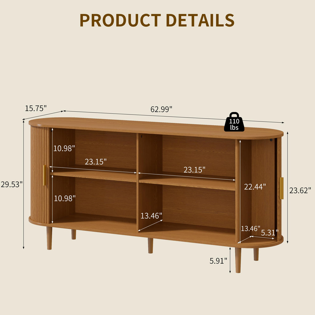 63" Sideboard Buffet Cabinet with Storage, Mid Century Modern Fluted Accent Coffee Bar Console Table, Tambour Sliding