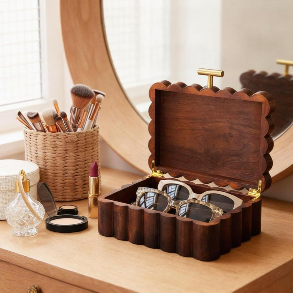Scalloped Wooden Jewelry Box Trinket Organizer with Lid 7.25 x 10 x 3.88 Inches Fan Shaped Decorative Storage Box