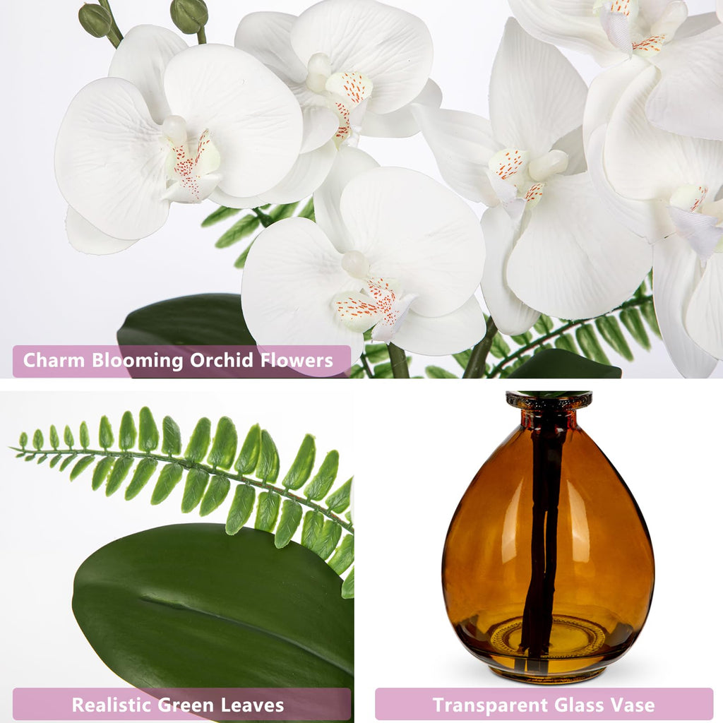 White Orchids Artificial Flowers, Faux Orchid in Glass Vase Real Touch Small Phalaenopsis Orchid Flowers Arrangements