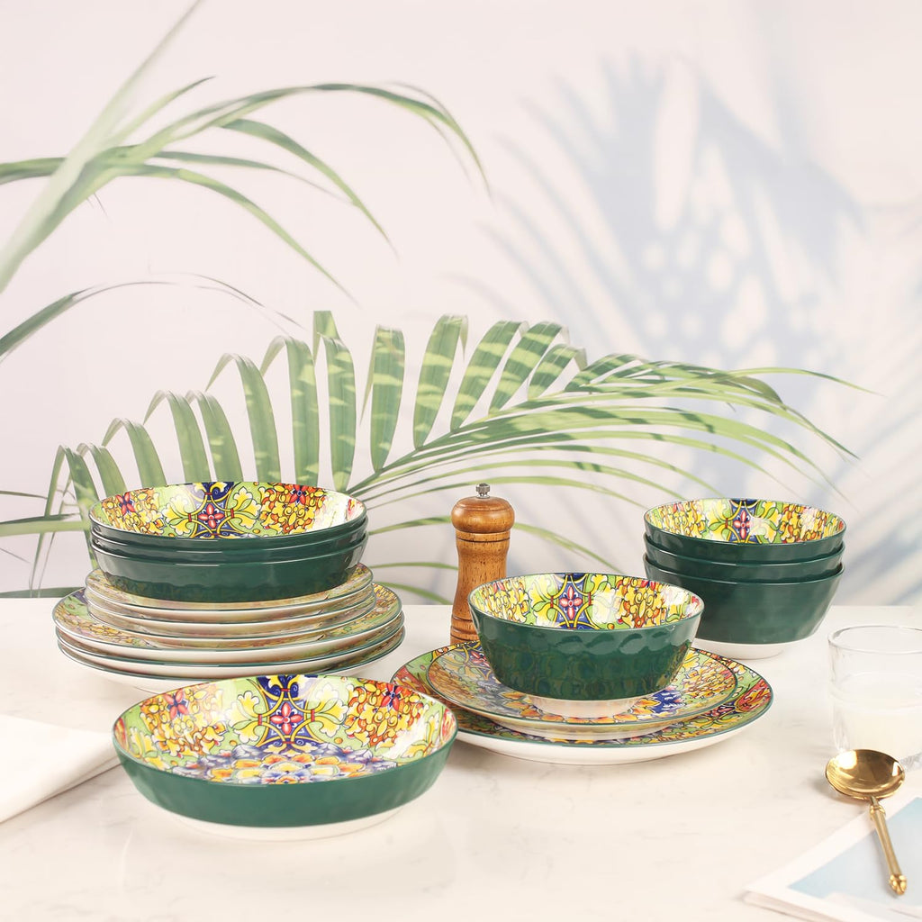 Mandala Dinnerware Sets, Plates and Bowls Set, Porcelain Dishes Service for 4, Zanzibar, Bohemian Style Dining Ware
