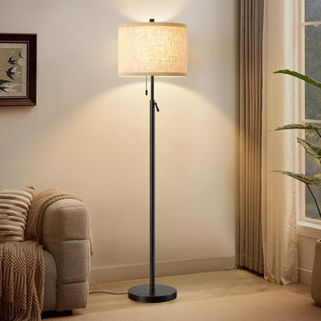 Black Floor Lamp, Height Adjustable Standing Lamp Tall Lamp with Fabric Lampshade&Pull Chain Corner Floor Lamps Bulbs
