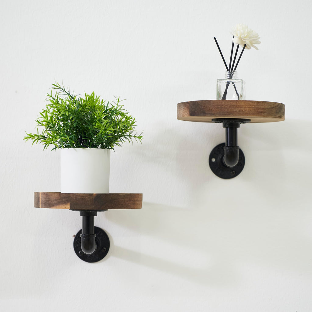 Round Wooden Floating Shelves Wall Mounted (Set of 2). Made of Acacia Wood. Industrial Pipe Brackets. A Unique Rustic