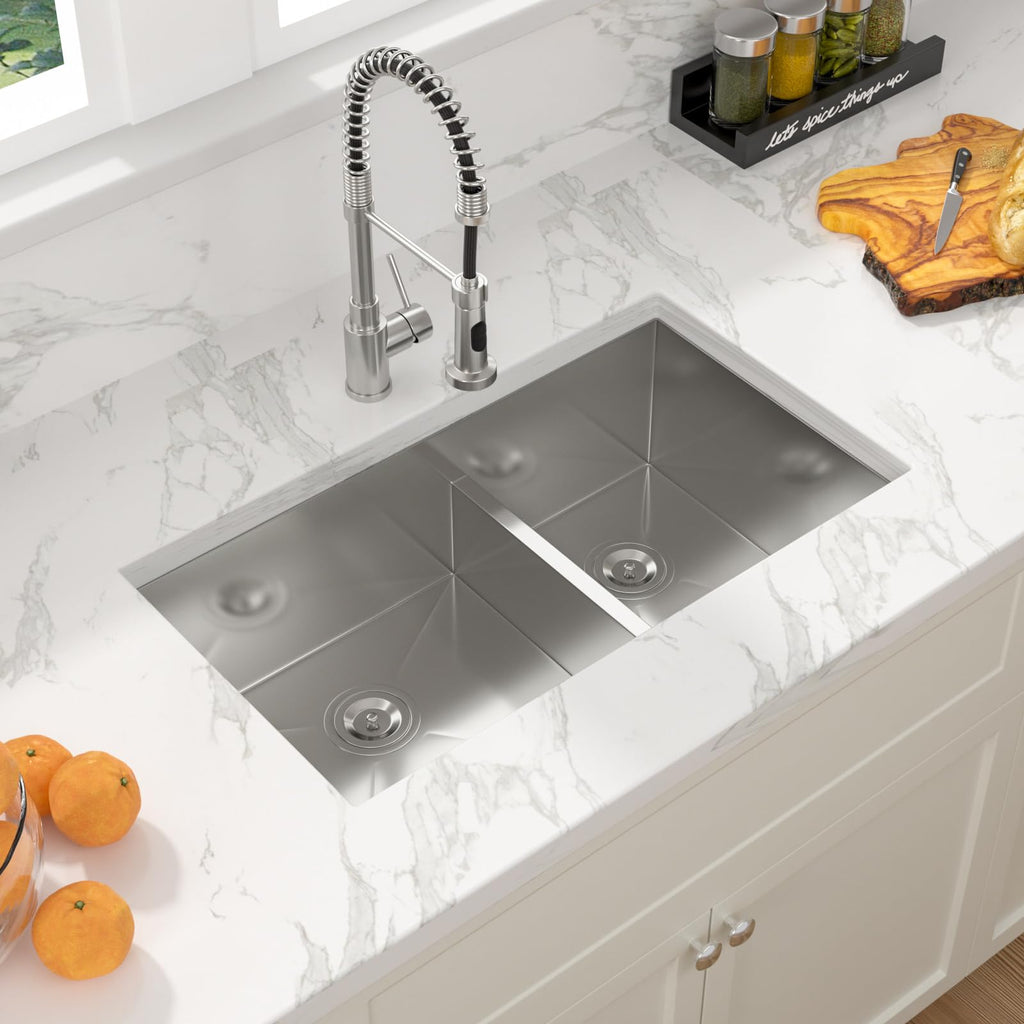 36 Undermount Kitchen Sink - 36" x 19" Undermount Double Bowl Sink 60/40 Low Divide Stainless Steel 16 Gauge Under