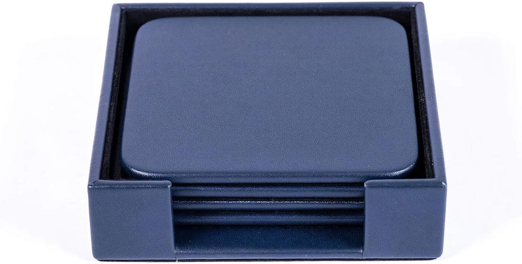 Navy Blue Leatherette Square Coaster Set - Luxury Navy Blue Leatherette Square Coaster - Office Accessories &