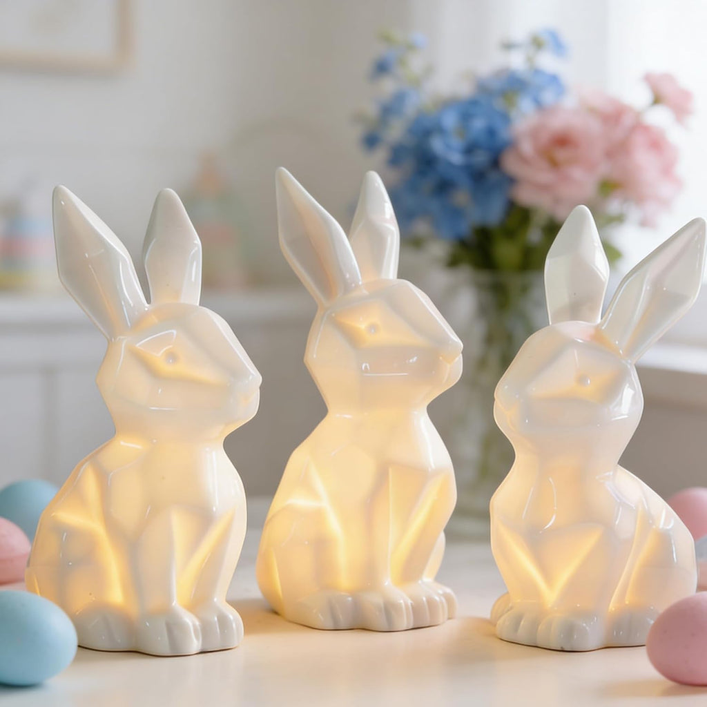 Easter Bunny Decorations, Ceramic White Rabbit Statues Ornaments, Lighted Bunny Table Centerpiece for Easter - Set of 3
