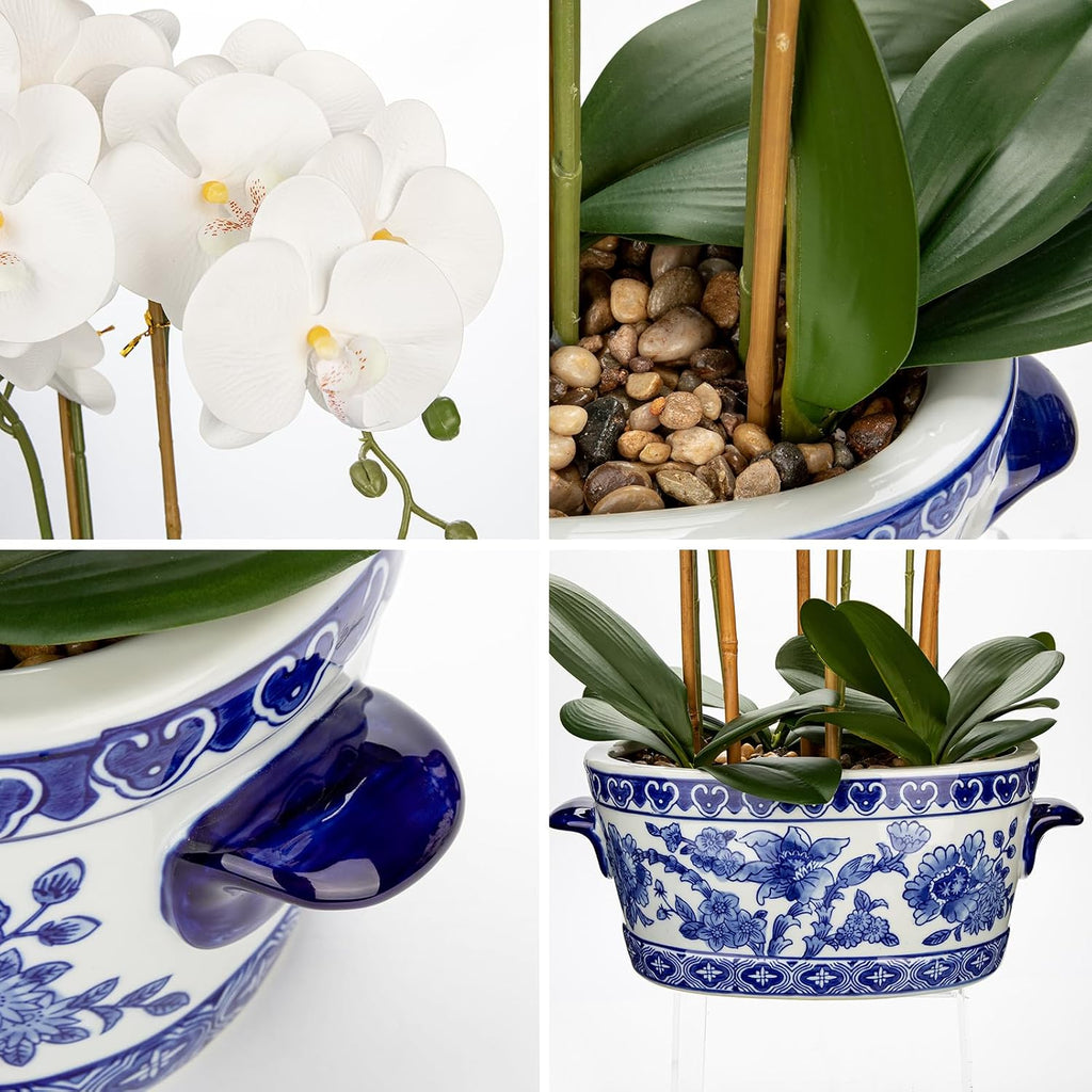 Large White Orchid Artificial Flower in Blue and White Porcelain Pot 25.6" Faux Silk Orchid Arrangement Fake Orchid
