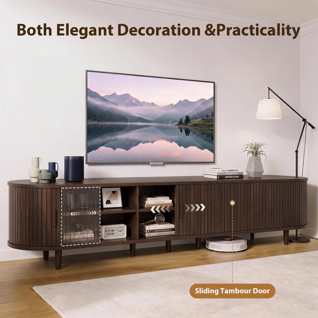 90" Mid-Century Modern TV Stand with Sliding Doors, TV Consoles with Power Outlet, Fluted Entertainment Center with