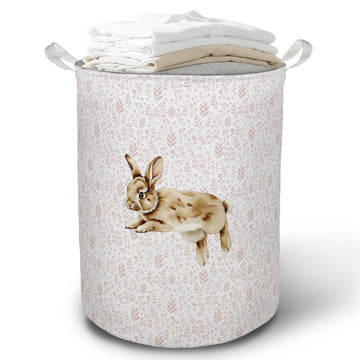 Pink Floral Bunny Laundry Basket Hamper, Bunny Nursery Decor, Pastel Wildflower Rabbit Foldable Clothes Toys Books
