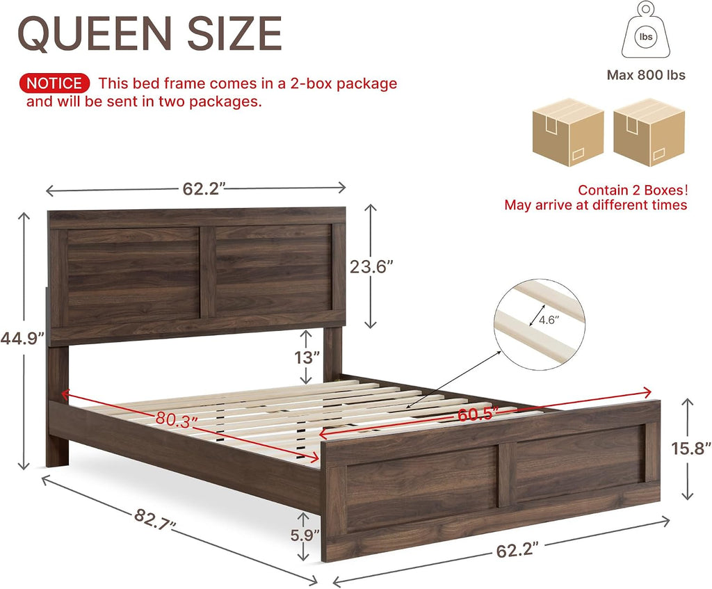 Wood Bed Frame with Headboard and Footboard, Walnut, Queen