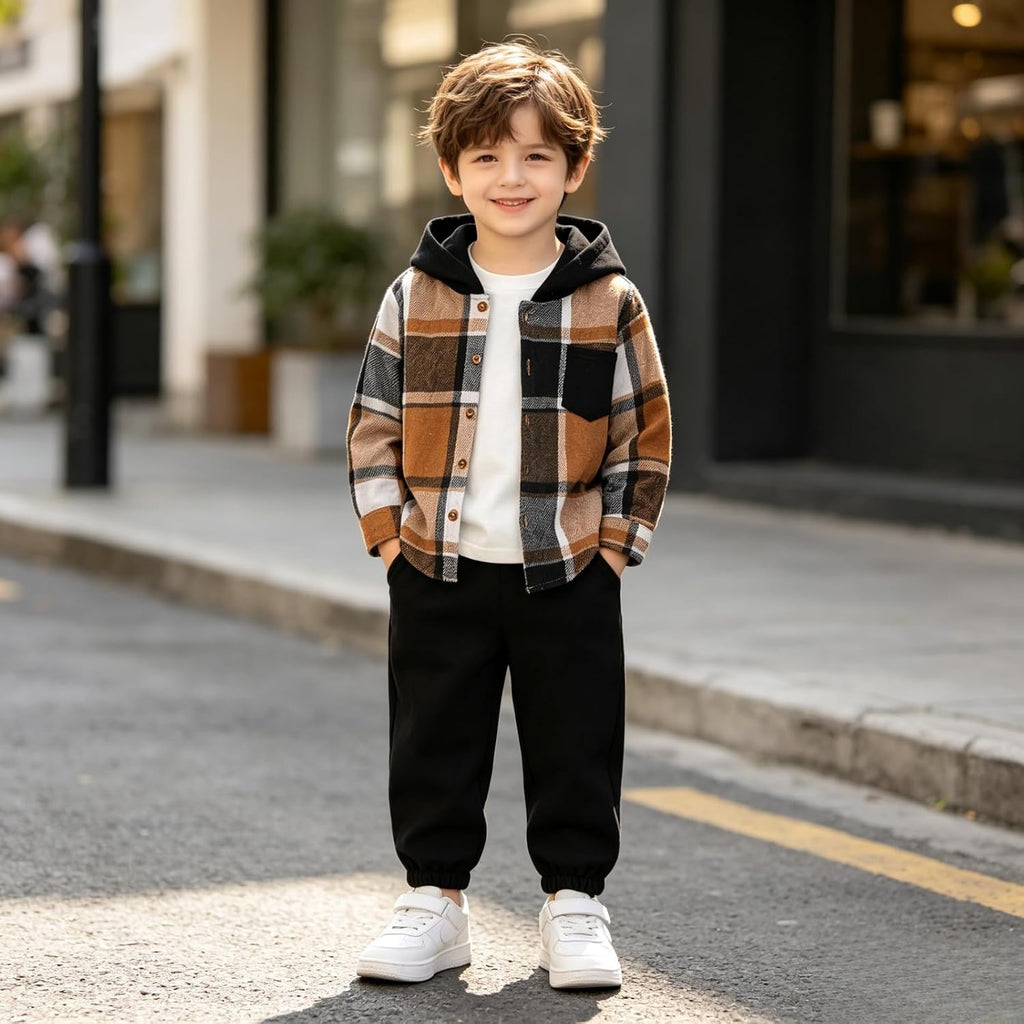 Toddler Boys Clothes 2PCS Flannel Plaid Hoodie & Pants Set