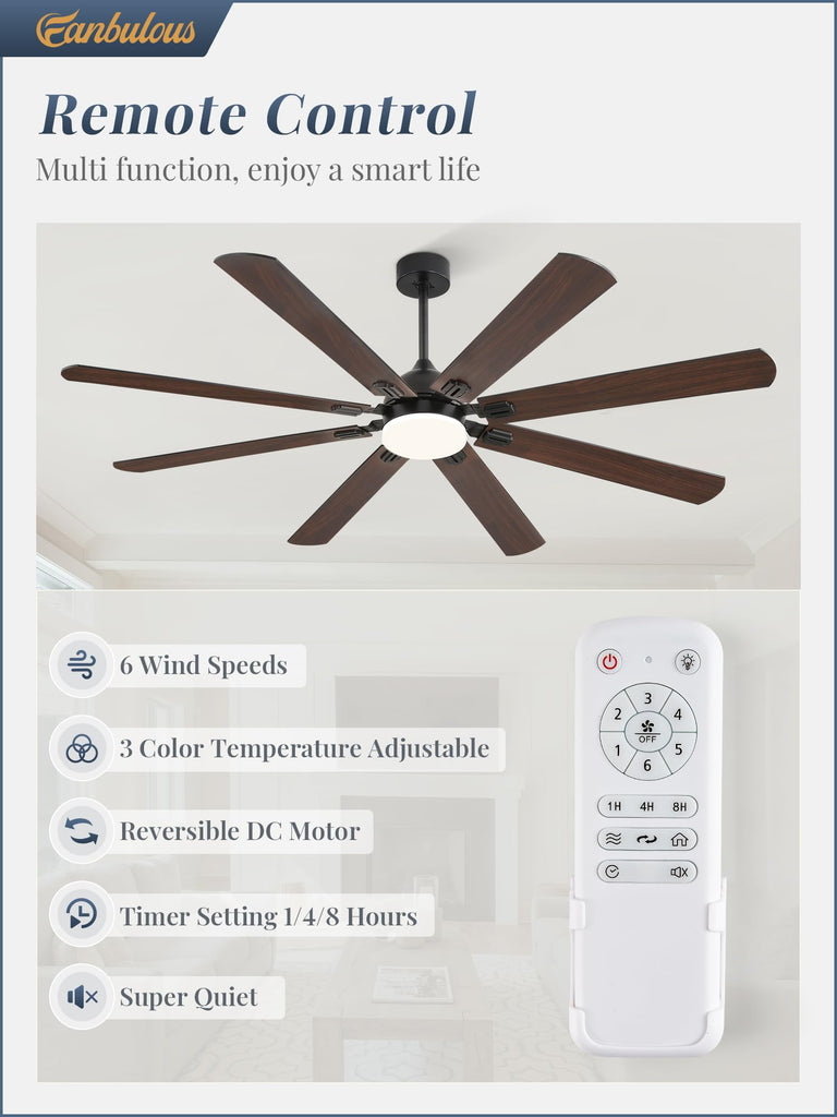 72 Inch Outdoor Ceiling Fans with Lights, Black