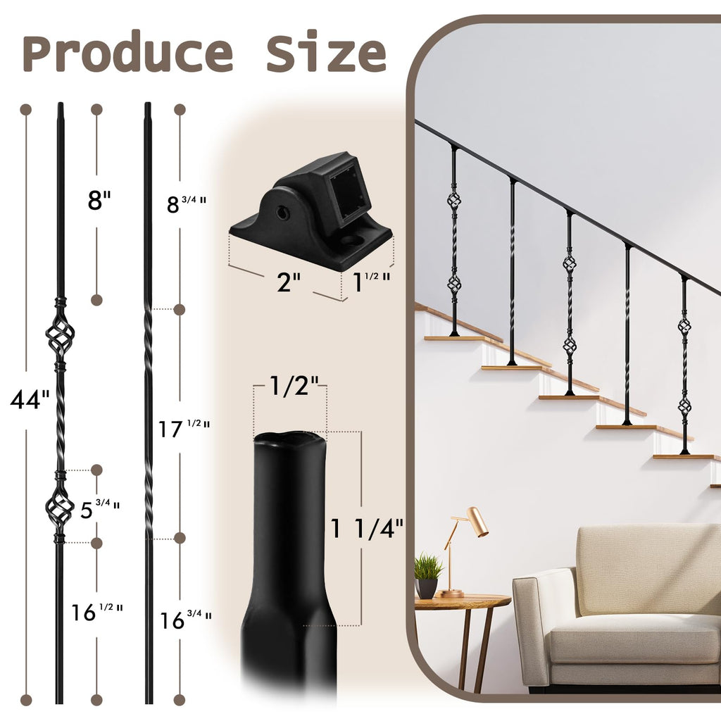 30 Pack Wrought Iron Balusters for Staircase Interior, 1/2" x 44" Hollow Deck Spindles Stair Railing Indoor with 60