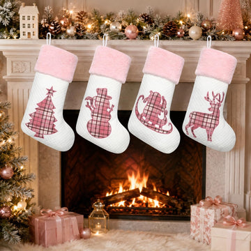 White Pink Buffalo Plaid Embroidered Christmas Stockings Set of 4
