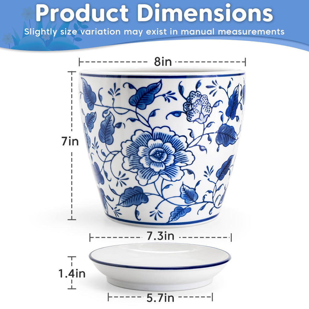 8 inch Ceramic Planters for Indoor Plants, Chinoiserie Decor Ceramic Pots for Plants Flower Plant Pots Indoor with