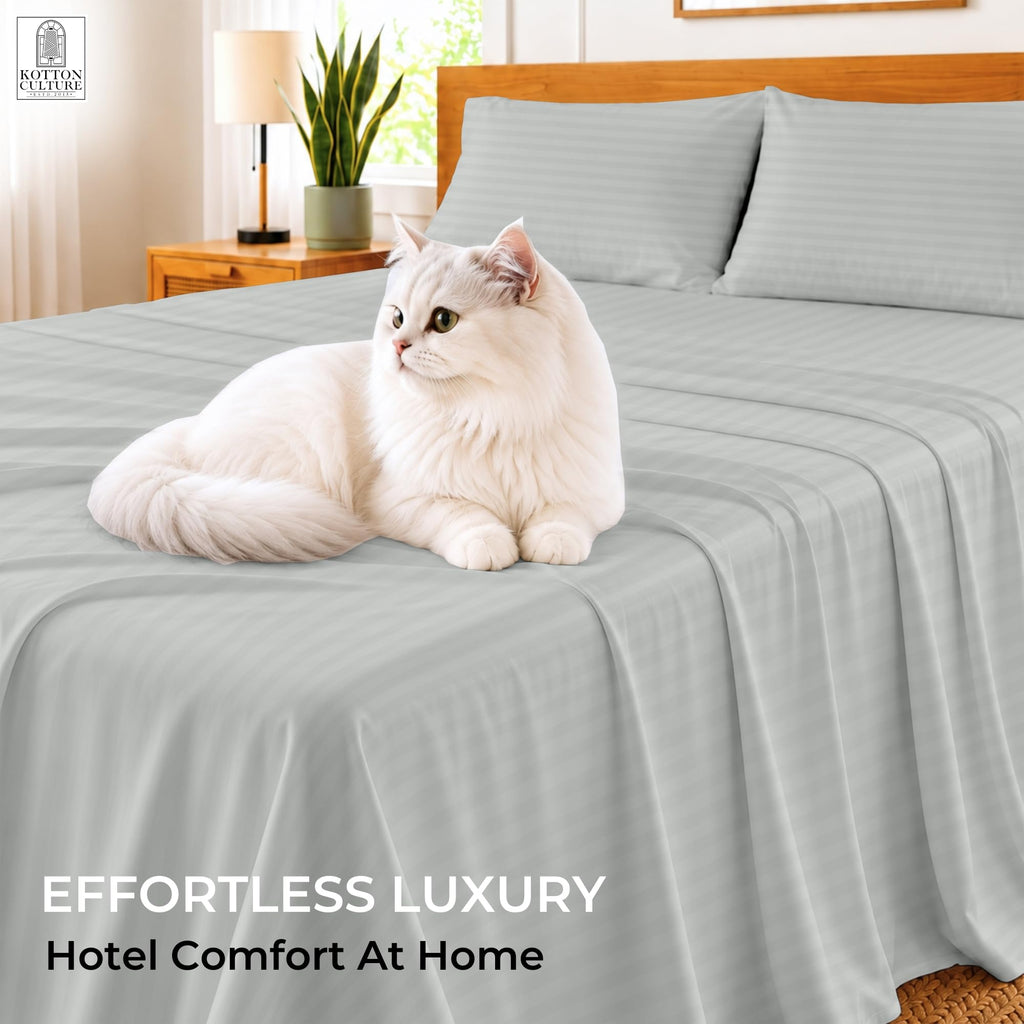 Striped Cotton Sheets 4 Piece 100% Egyptian Cotton 600 Thread Count Soft Bedding Luxury Hotel Sheets with 16" Deep