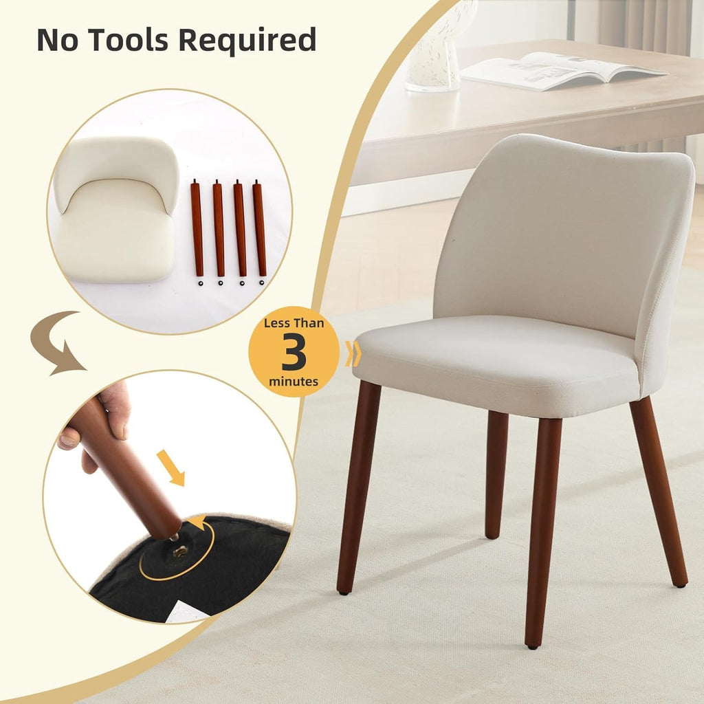 Wooden Dining Chairs Set of 4, Farmhouse Kitchen Chairs with Curved Back, Modern Fabric Upholstered Chairs, Cream