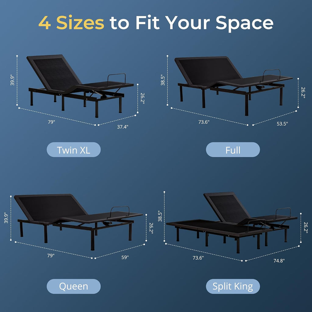 Adjustable Bed Frame Split King, Remote, Quiet Motor, Easy Assembly