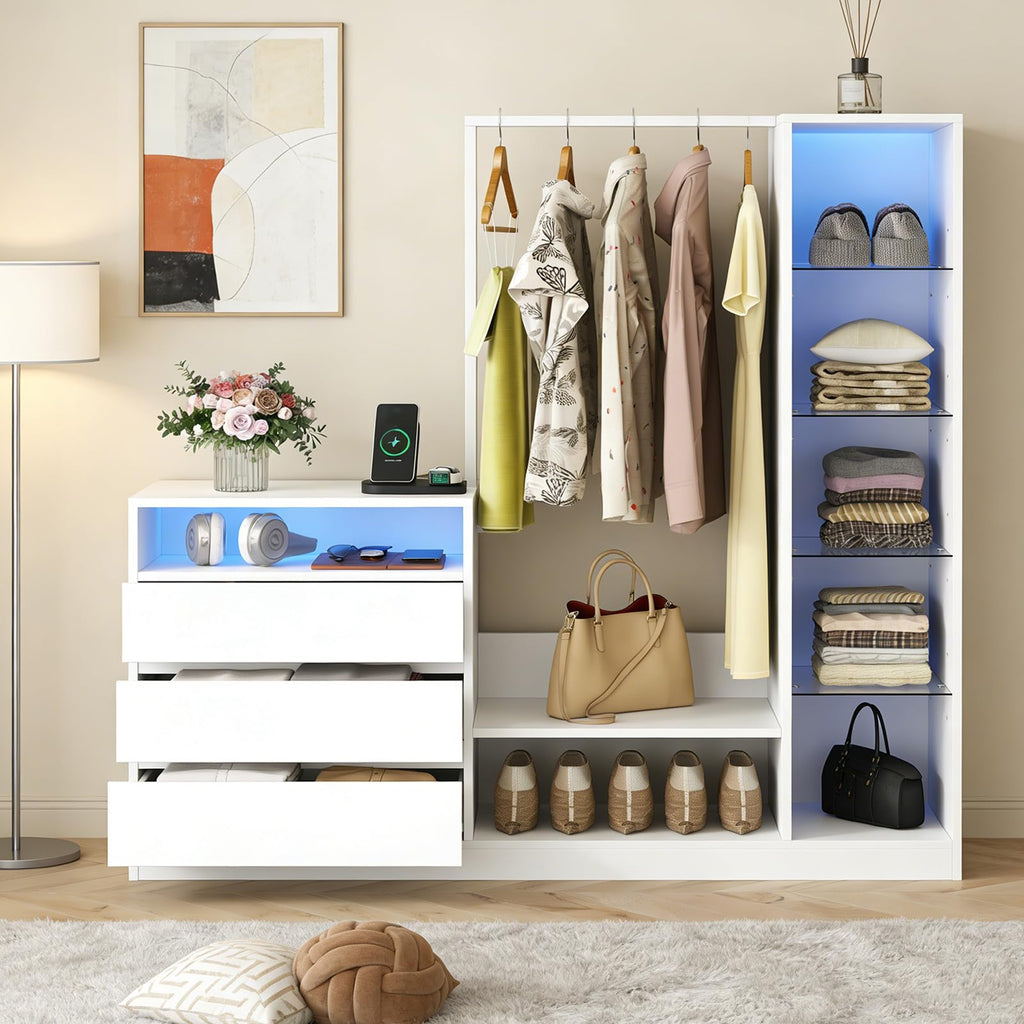 Wardrobe Dresser with Hanging Rack and Drawers, Led Wardrobe Dresser Combo