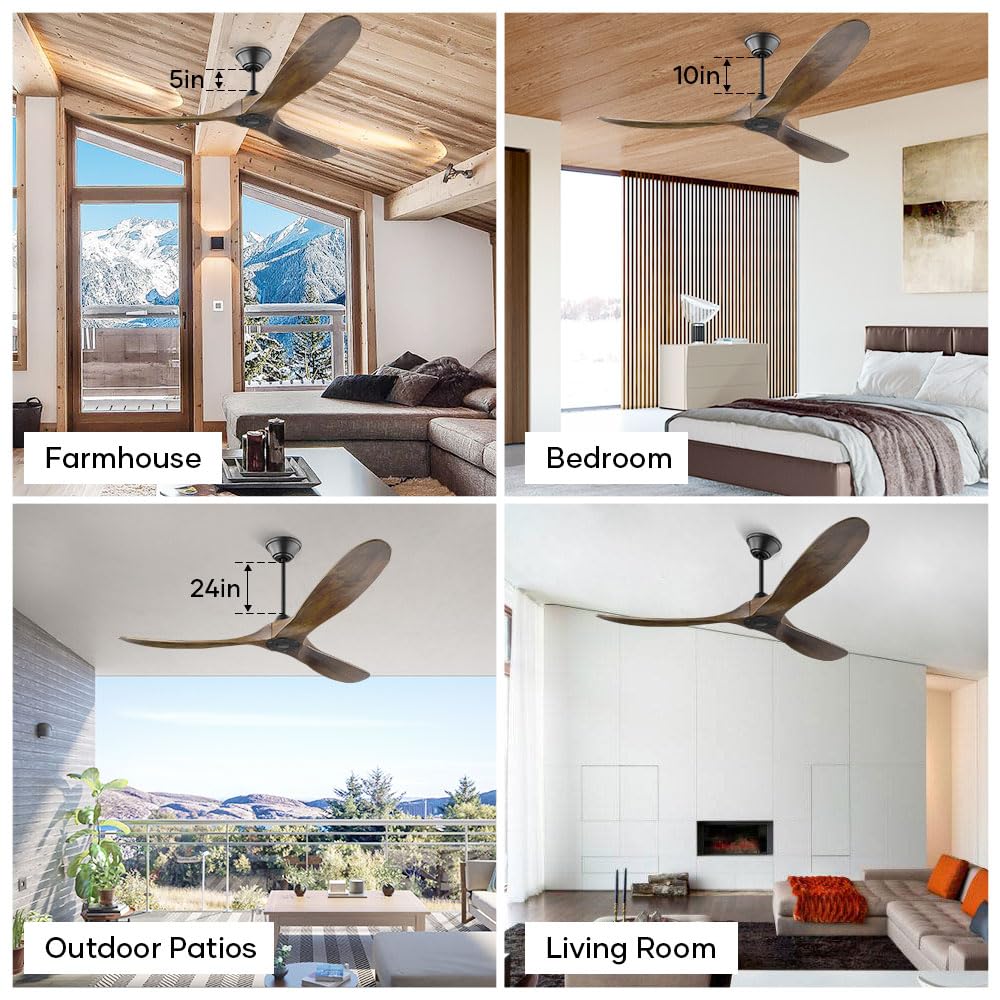 60 Inch Ceiling Fan Without Light, Large Outdoor Propeller Ceiling Fans s, 3 Blades Farmhouse Wood Fan with Downrods