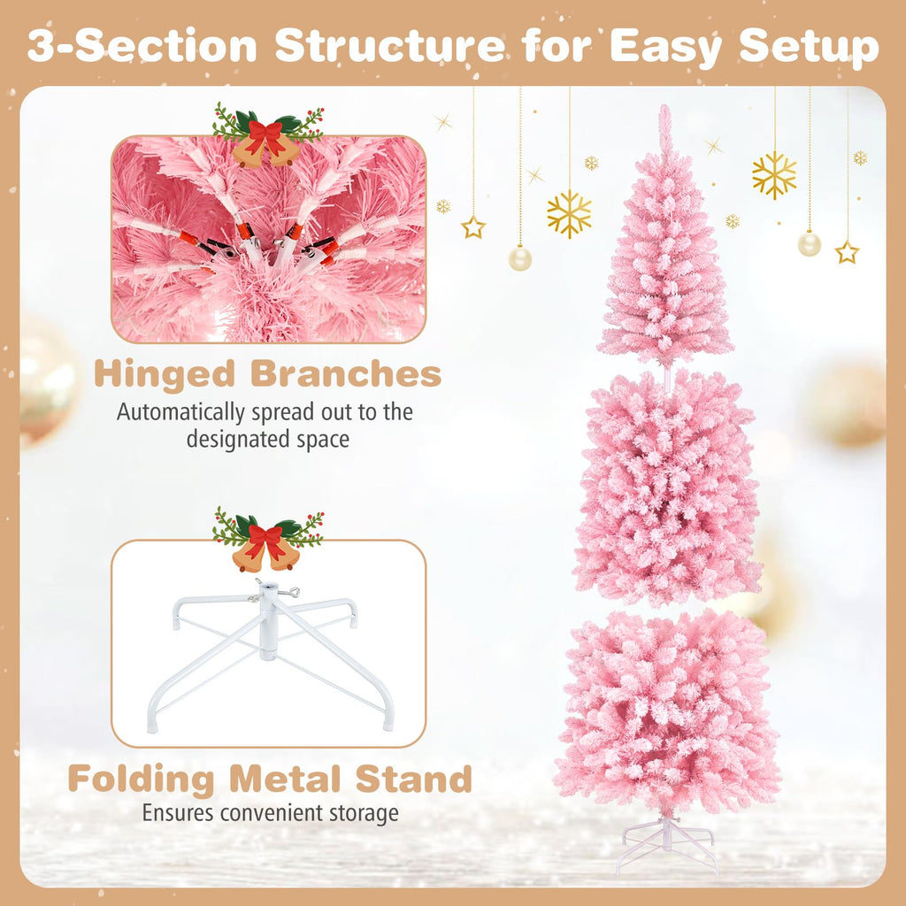 7FT Pre-Lit Pencil Christmas Tree, Snow Flocked Pink Xmas Tree