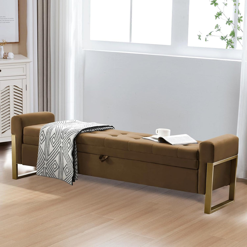 67" Storage Bench , End of Bed Bench King Size, Brown | Upholstered Velvet Storage Ottoman Bench with Golden Legs