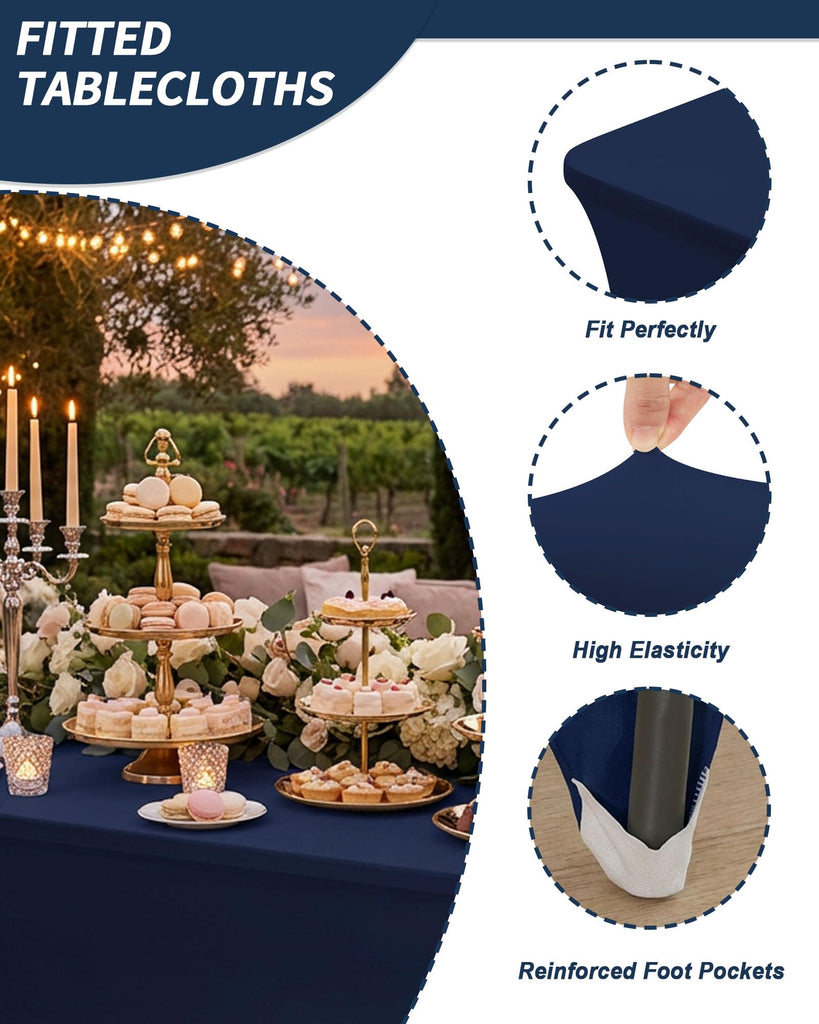 2 Pack 8FT Navy Blue Tablecloth Rectangle Spandex Table Cover