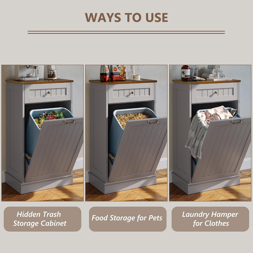 Tilt Out Trash Can Cabinet, Garbage Can Cabinet, Dog Proof Pull Out Trash Can Wood, Gray