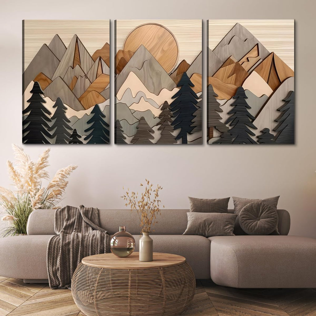 Set of 3 Mountain canvas Wall Art Large Forest Wall Decor pictures Woodcut Wooden Landscape poster Prints Abstract