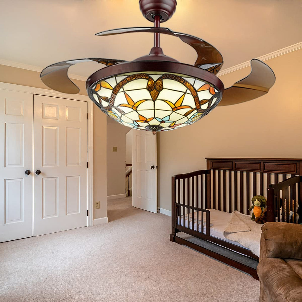 42" Vintage Style Ceiling Fan with Light, Remote Control Classic LED Chandelier Retractable Blades 3 Light Changes
