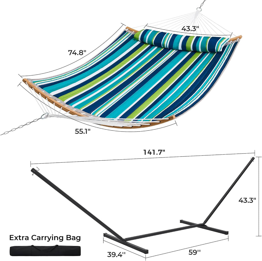 Hammock with Stand, 2 Person Heavy Duty Hammock with Padded Cotton, Detachable Pillow & Strong Curved-Bar & Portable