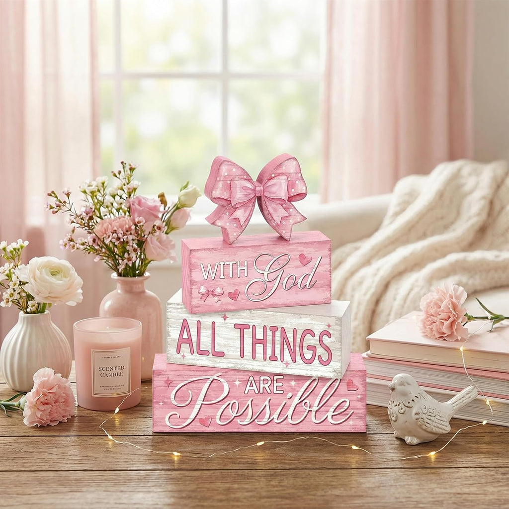 Tiered Tray Decor Set, , Wooden Table Sign, Pink Bow - Set of 4