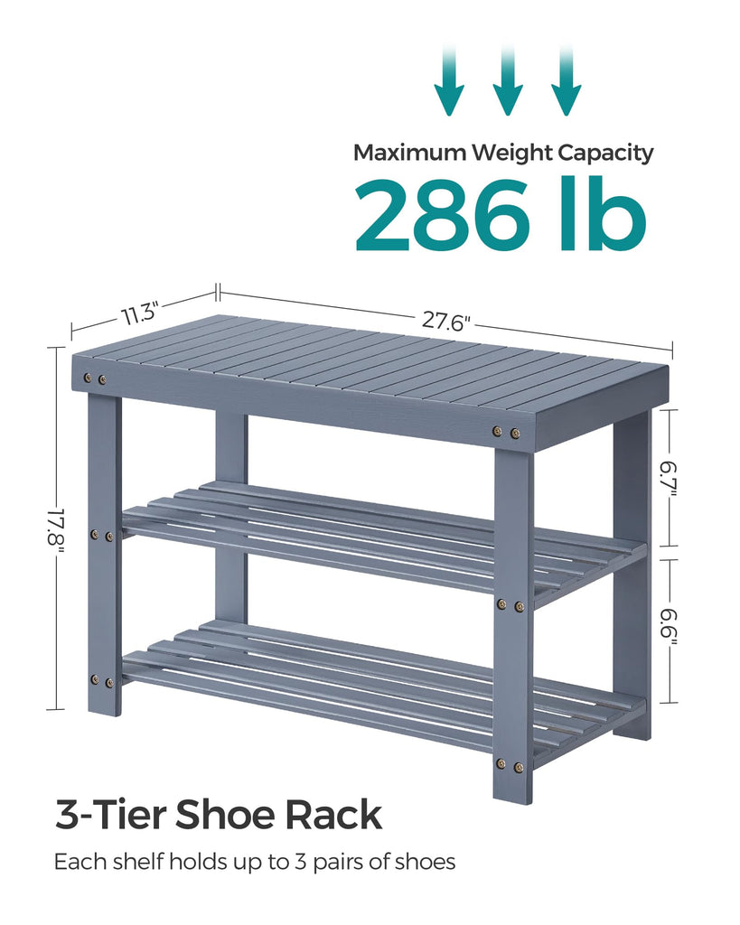 Shoe Rack Bench, 3-Tier Bamboo Entryway Bench, 27.6 Inches Width