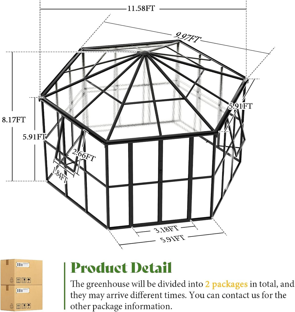 12 x 10 x 8 FT Hexagonal Outdoor Greenhouse | Aluminum Frame with Quick-Connectors, 2 Swing Doors and 2 Vents