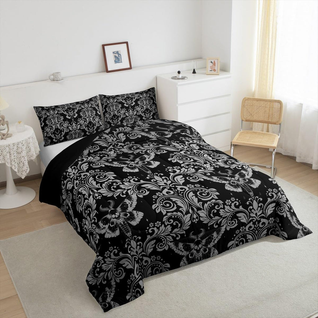 White Black Gothic Damask Floral Comforter Set King Bedding Set