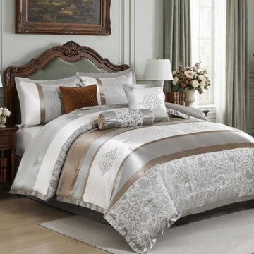 7 Piece Luxury Comforter Set - Luxurious Jacquard Striped Patchwork Design Comforter, Vintage